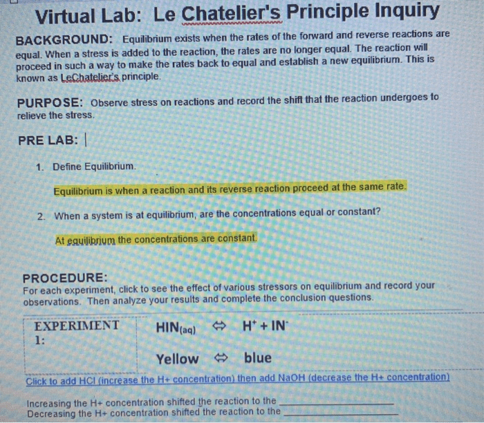 Le chatelier's principle virtual lab answers